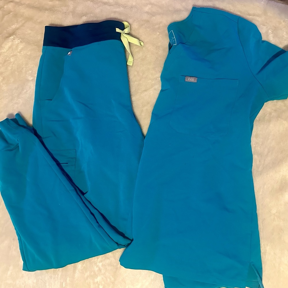 Figs Teal Scrub Set with Navy and Lime Accents